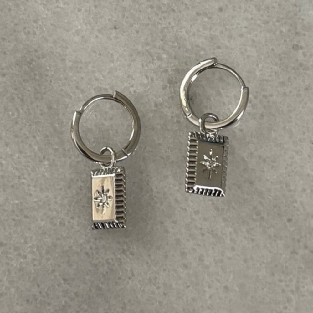 New Drop! Sterling Silver Square Star Burst Crystal Pendant Huggie Hoop Earrings - Picture 4 of 4